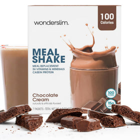WonderSlim meal shake chocolate cream front-pack shows gluten-free, protein-rich formula.