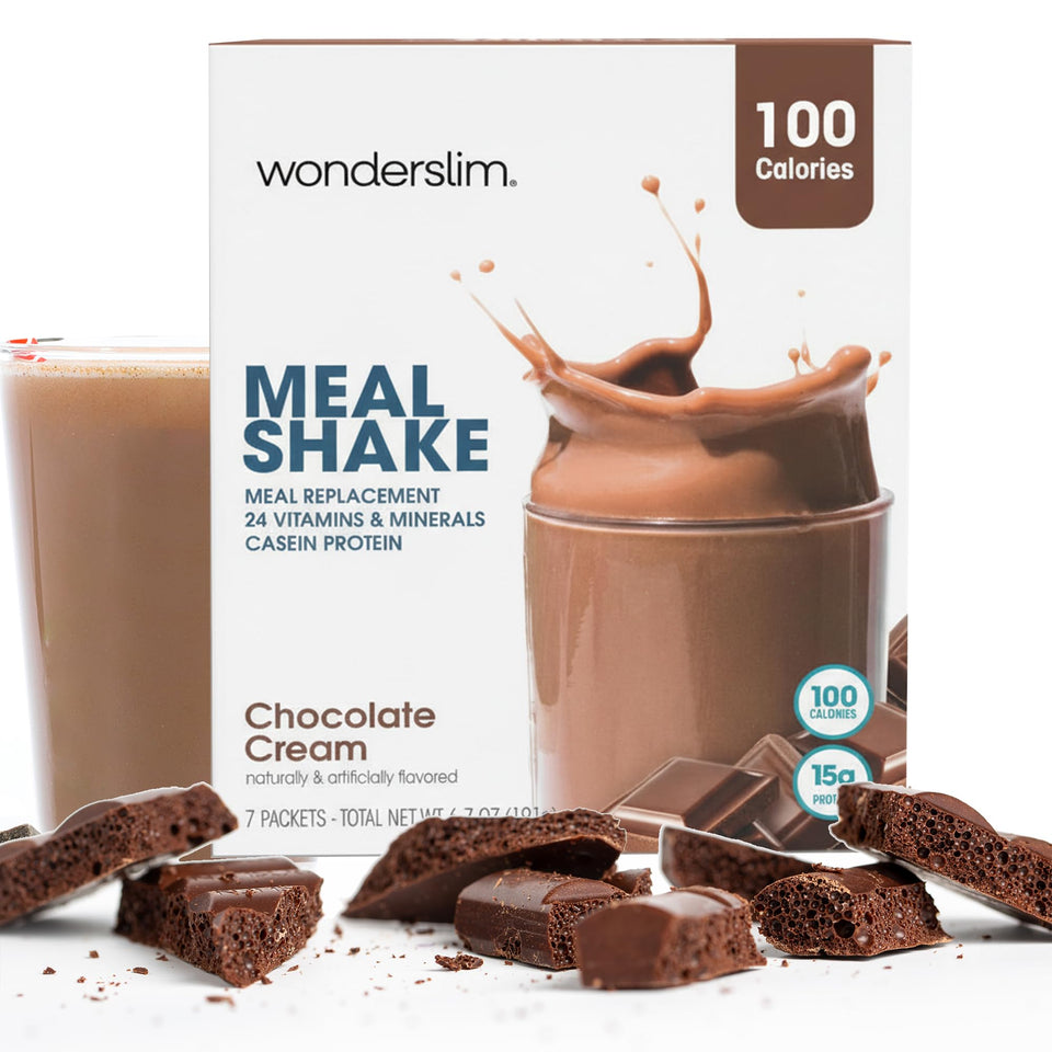 WonderSlim meal shake chocolate cream front-pack shows gluten-free, protein-rich formula.
