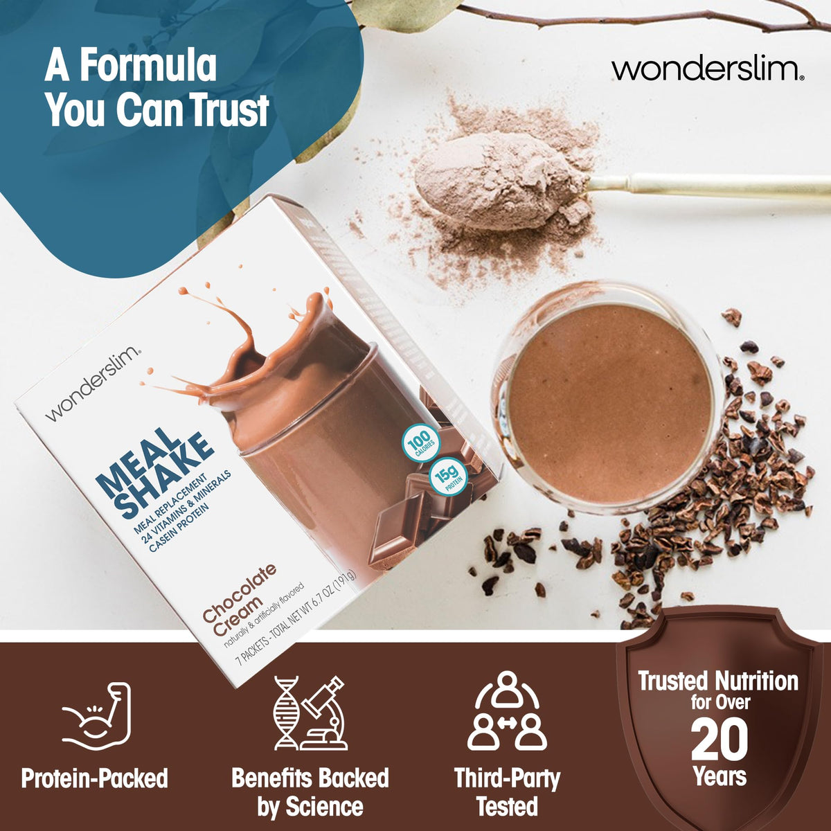 WonderSlim Chocolate Cream single-serving packet ideal for busy days.
