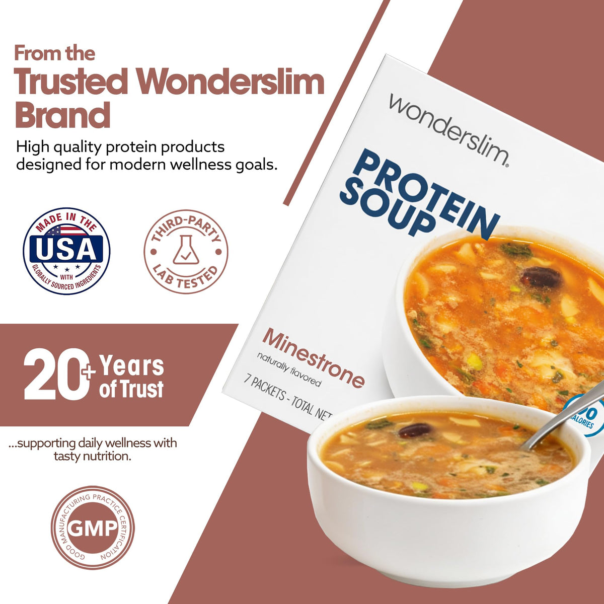 WonderSlim minestrone soup label: clarity on calories and protein per serving.