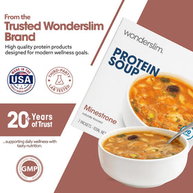 WonderSlim minestrone soup label: clarity on calories and protein per serving.