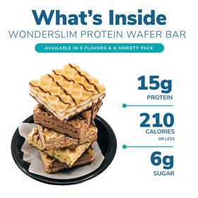 WonderSlim Mocha Protein Wafer Bar cross-section reveals creamy mocha center and crispy wafers.