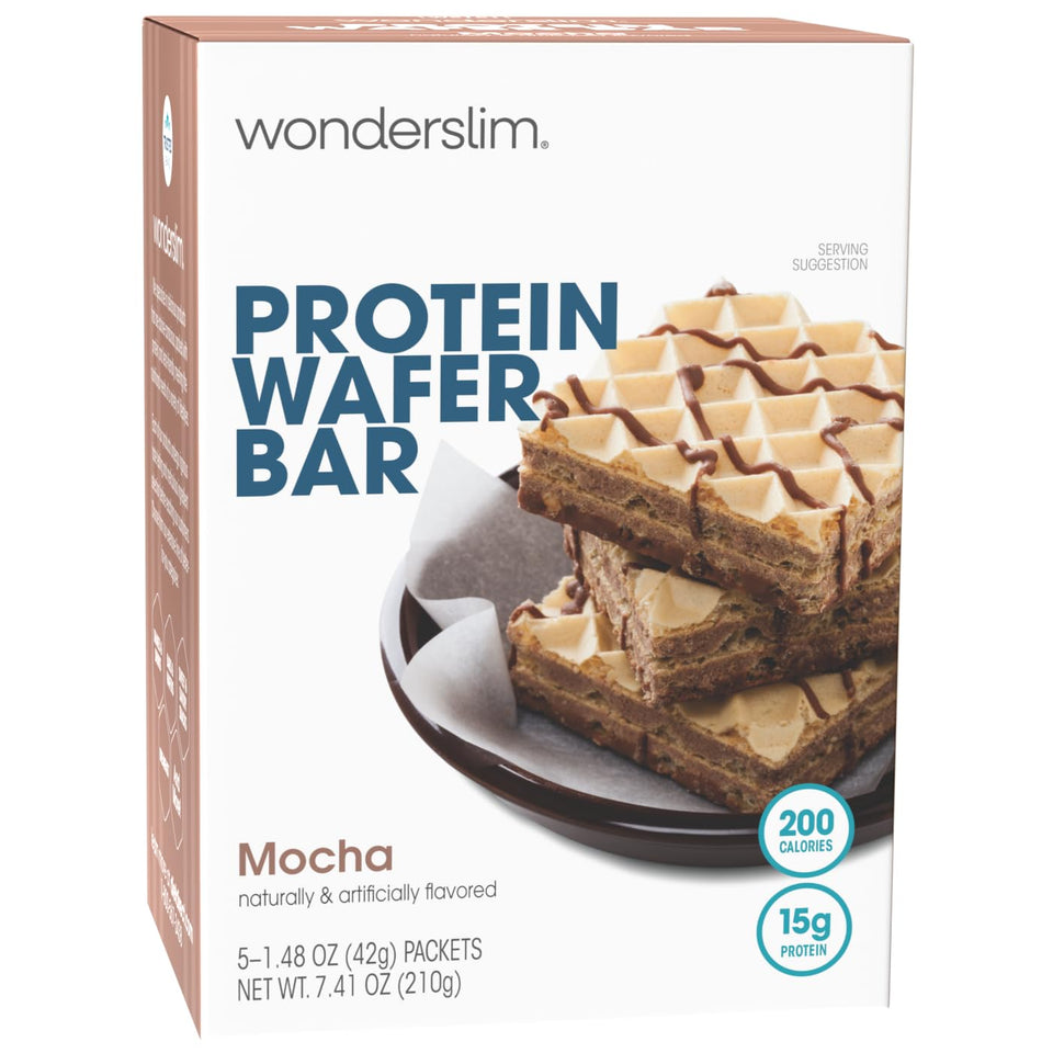 WonderSlim Mocha Protein Wafer Bar in packaging for convenient on-the-go snacking.