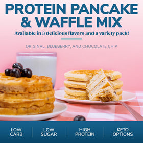 Stack of WonderSlim pancakes topped with fruit for a balanced meal