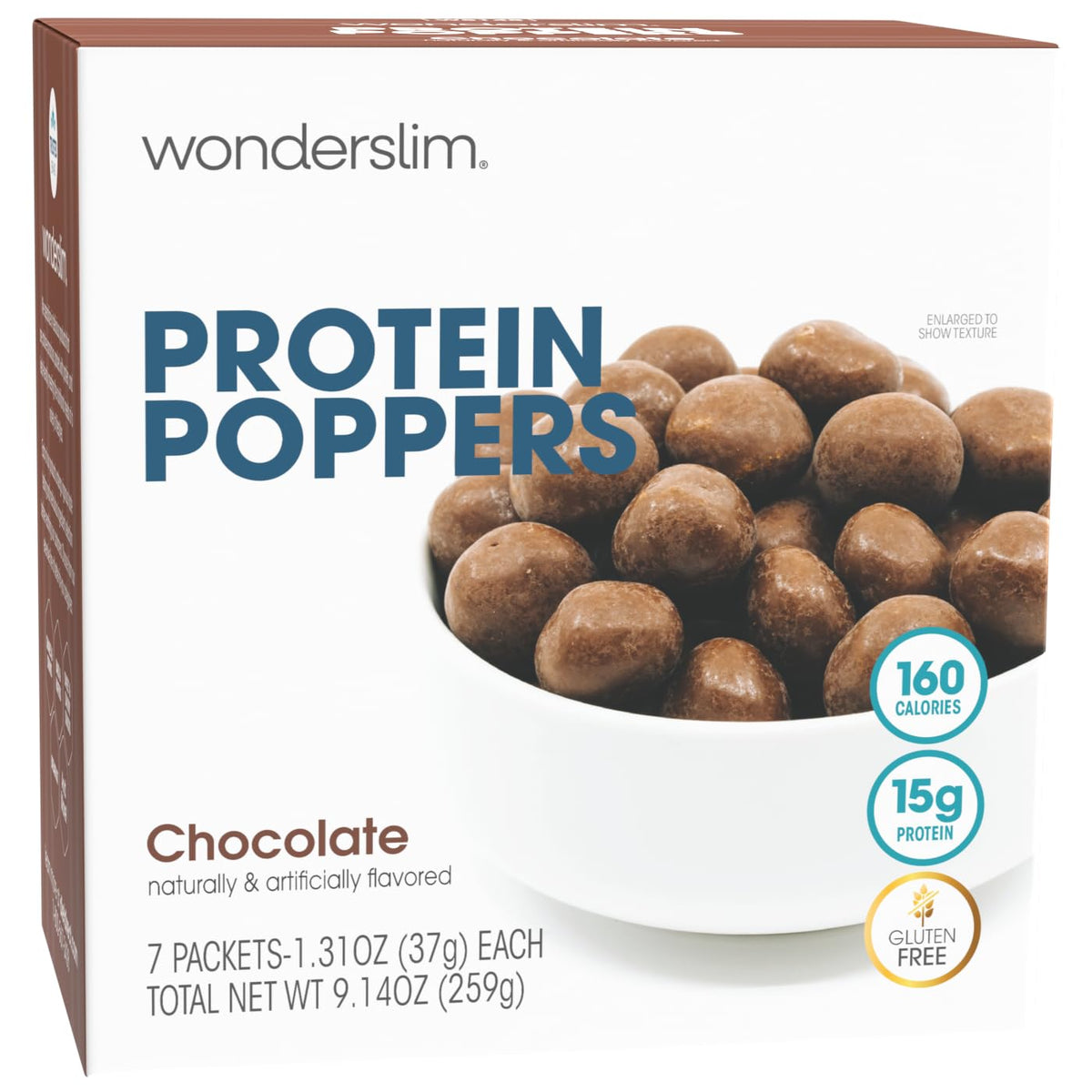 WonderSlim Popper Puffs chocolate front pack for on-the-go snacking.