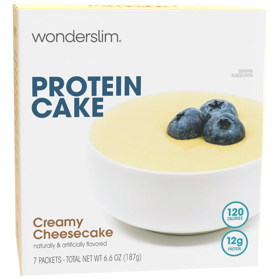 WonderSlim Protein Cake packaging highlights gluten-free 7-count box.