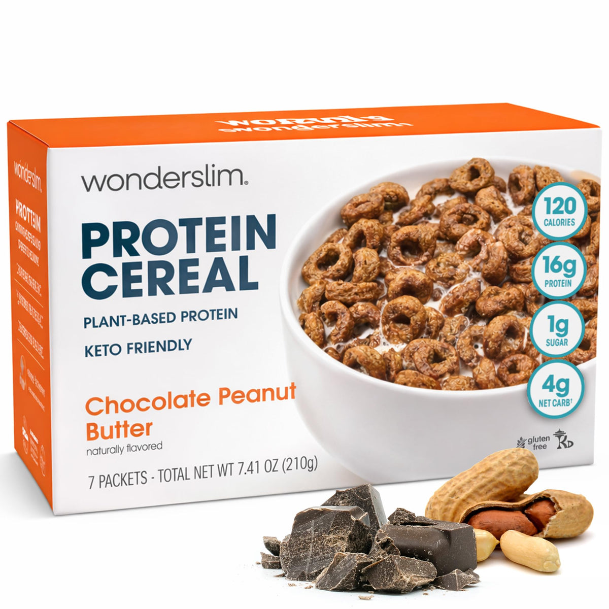 WonderSlim Protein Cereal box front in chocolate peanut butter flavor, quick breakfast option