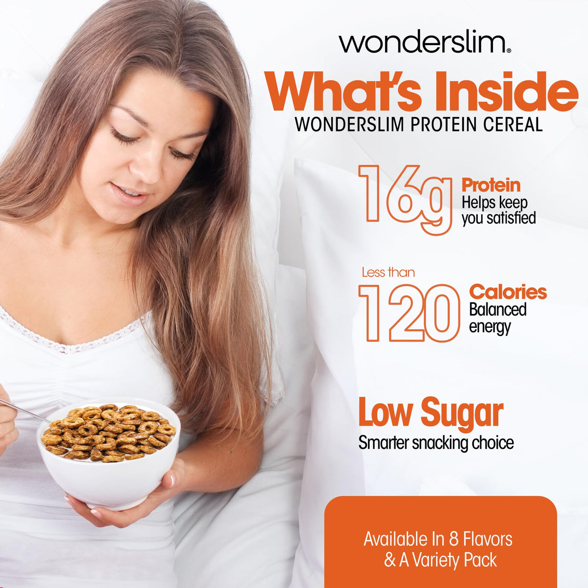 WonderSlim Protein Cereal serving bowl displaying chocolate peanut butter taste and protein boost
