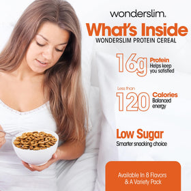 WonderSlim Protein Cereal serving bowl displaying chocolate peanut butter taste and protein boost