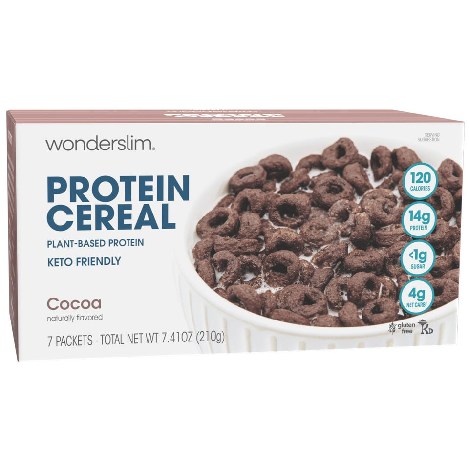 WonderSlim Cocoa Protein Cereal in a bowl with milk, protein-packed breakfast.