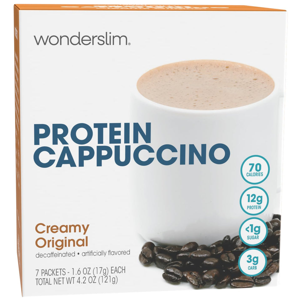 WonderSlim protein coffee powder in creamy original cappuccino for a high-protein, low-sugar morning