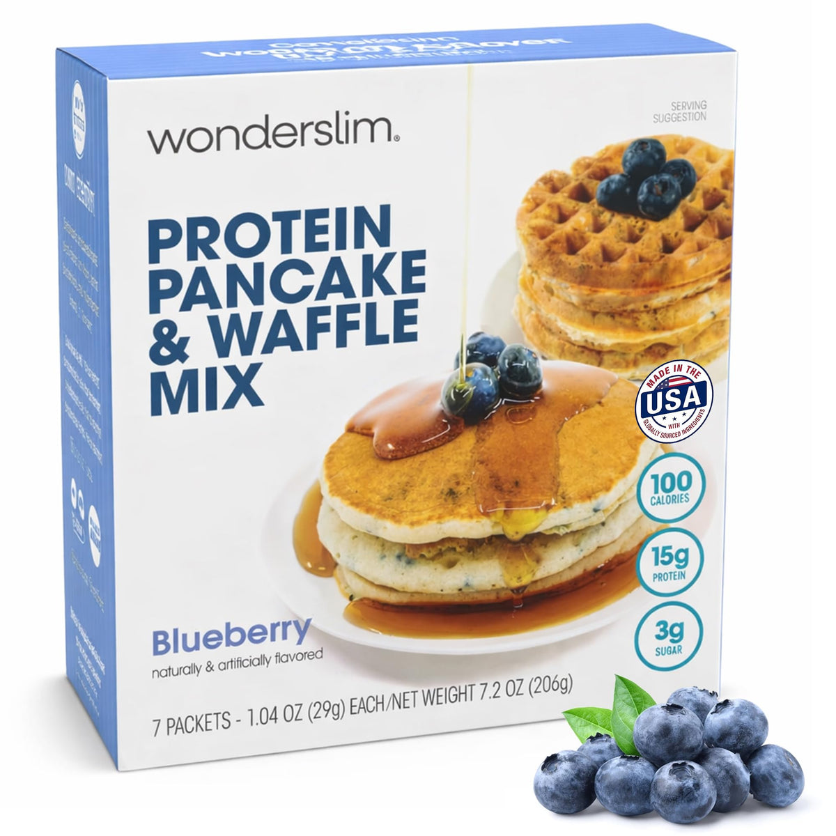 WonderSlim Protein Pancake blueberry pack on the counter, quick, high-protein breakfast option.