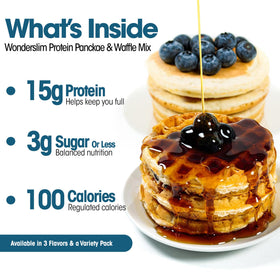 WonderSlim protein pancake blueberry stack, fluffy and satisfying breakfast with 15g protein per serving.
