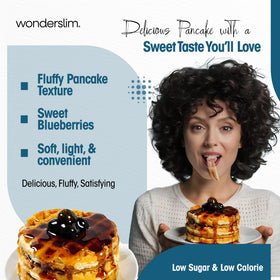 WonderSlim blueberry pancakes on plate, light texture with 90-110 calories per serving.