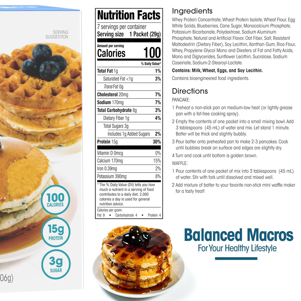 WonderSlim blueberry mix served with fruit, a low-sugar protein boost option.