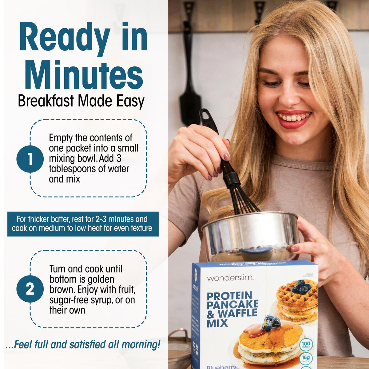 WonderSlim protein pancake stack with syrup, 15g protein helps feel full between meals.
