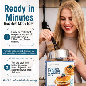 WonderSlim protein pancake stack with syrup, 15g protein helps feel full between meals.