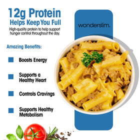 WonderSlim protein pasta cheese steak macaroni plate shows a ready-to-eat protein boost.