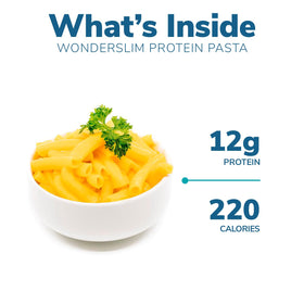 WonderSlim protein pasta macaroni and cheese packaging illustrating convenient single-serve portions