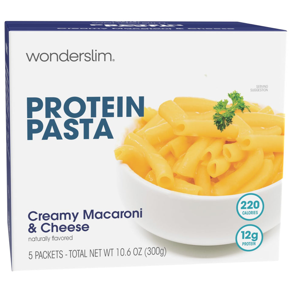 WonderSlim protein pasta macaroni and cheese serving showing a high-protein, low-calorie meal option
