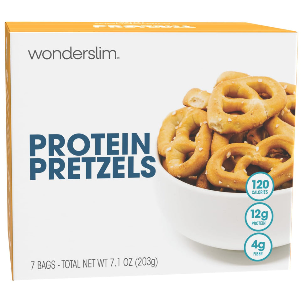 WonderSlim Protein Pretzel Snacks pack front highlights a portable, protein-rich option.