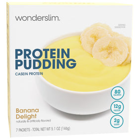 WonderSlim Protein Pudding Banana Delight cup shows creamy texture for gluten-free snacking