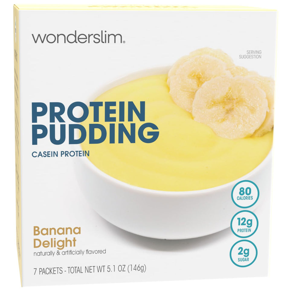 WonderSlim Protein Pudding Banana Delight cup shows creamy texture for gluten-free snacking