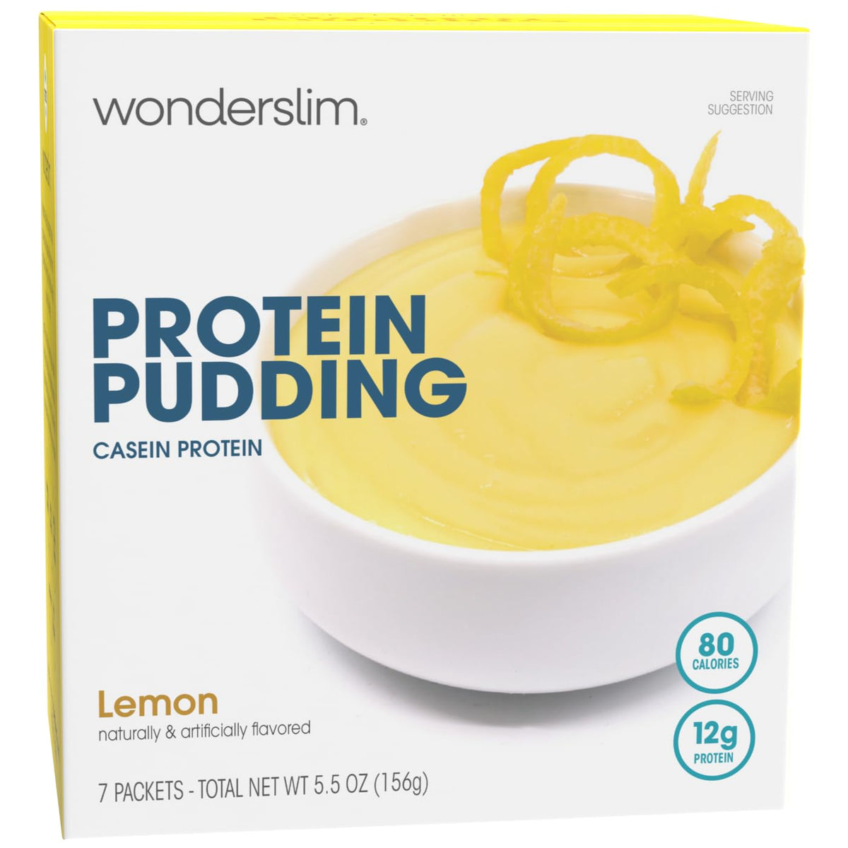 WonderSlim Protein Pudding Lemon pack shot highlights convenient single-serve portion.