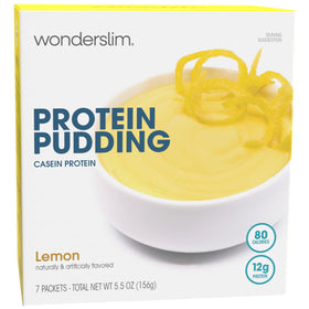 WonderSlim Protein Pudding Lemon pack shot highlights convenient single-serve portion.