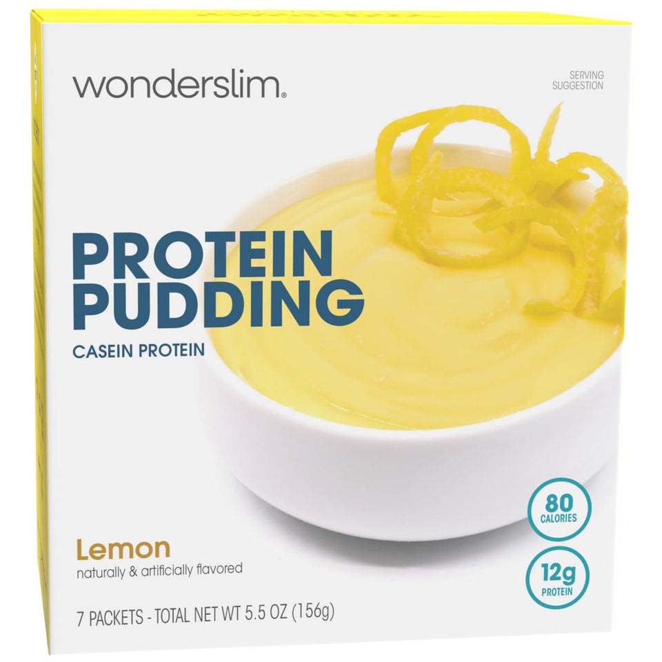WonderSlim Protein Pudding Lemon pack shot highlights convenient single-serve portion.