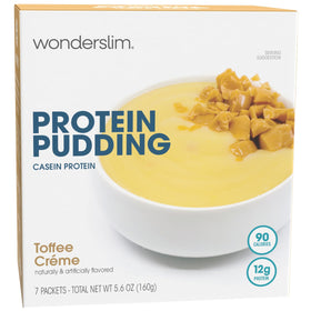 WonderSlim Protein Pudding Toffee Cream on shelf highlights gluten free low carb snack options