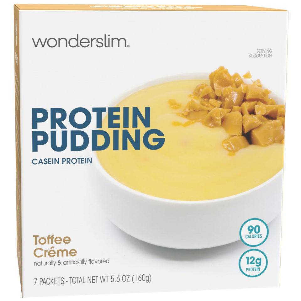 WonderSlim Protein Pudding Toffee Cream on shelf highlights gluten free low carb snack options