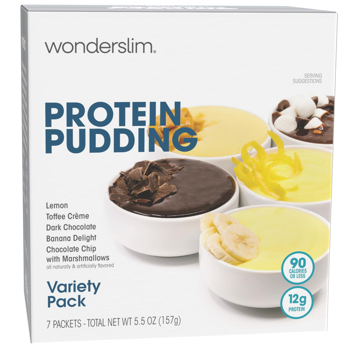WonderSlim Protein Pudding Variety Pack pack shot for on-the-go high-protein snacking.