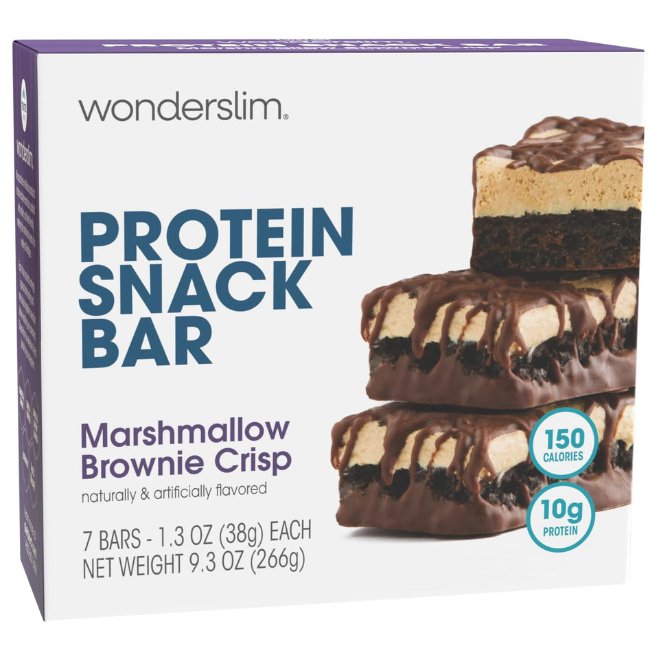 WonderSlim Protein Snack Bar Marshmallow Brownie Crisp bar offers a portable protein boost for on-the-go snacking.