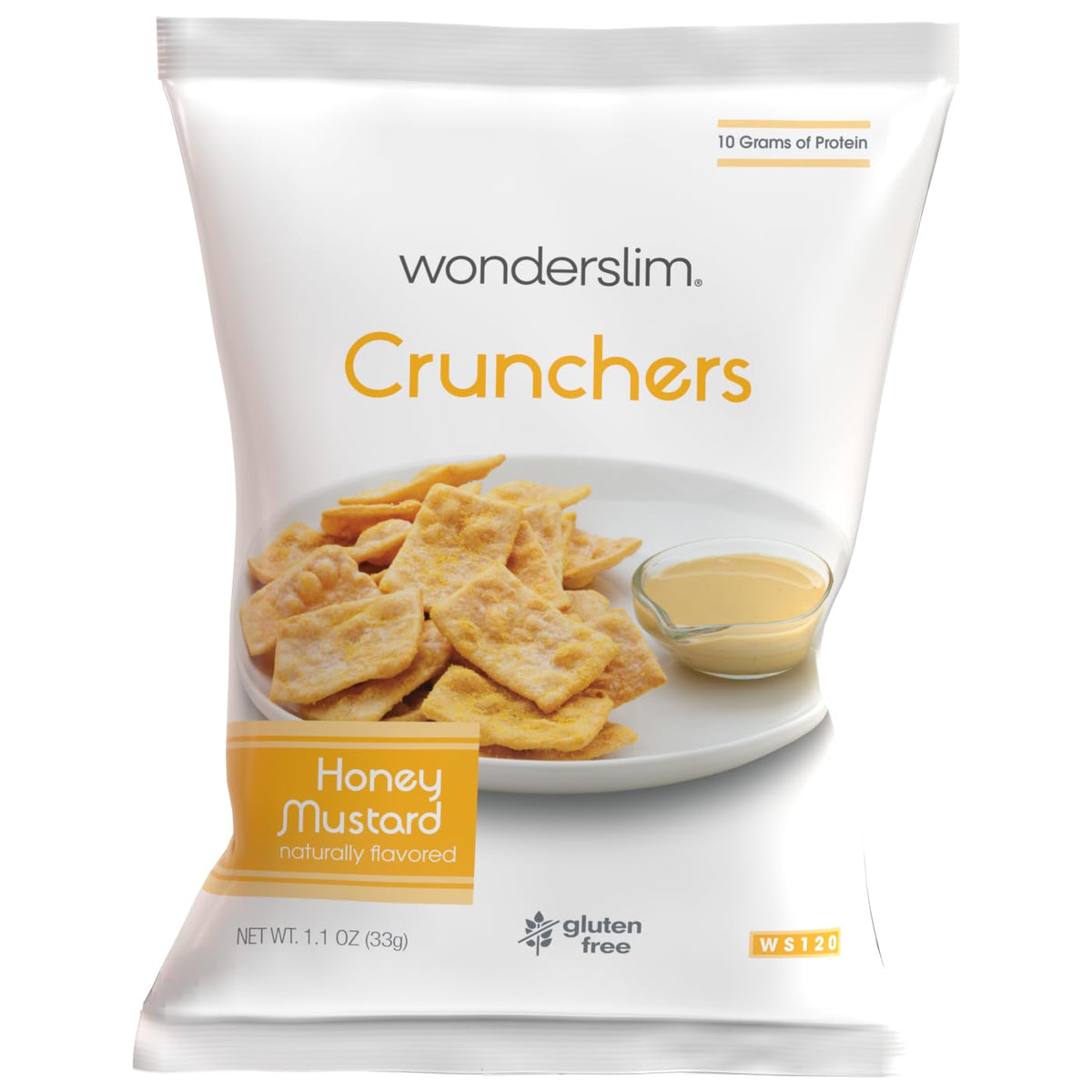 WonderSlim protein snack chips Honey Mustard bag front offers on-the-go protein boost.