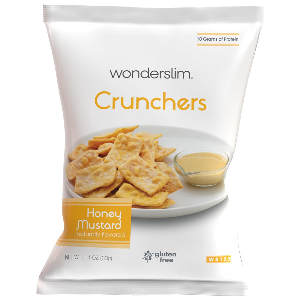 WonderSlim protein snack chips Honey Mustard bag front offers on-the-go protein boost.