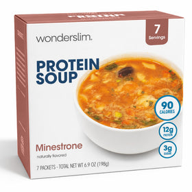 WonderSlim protein soup minestrone cup: quick high-protein meal ready to sip.