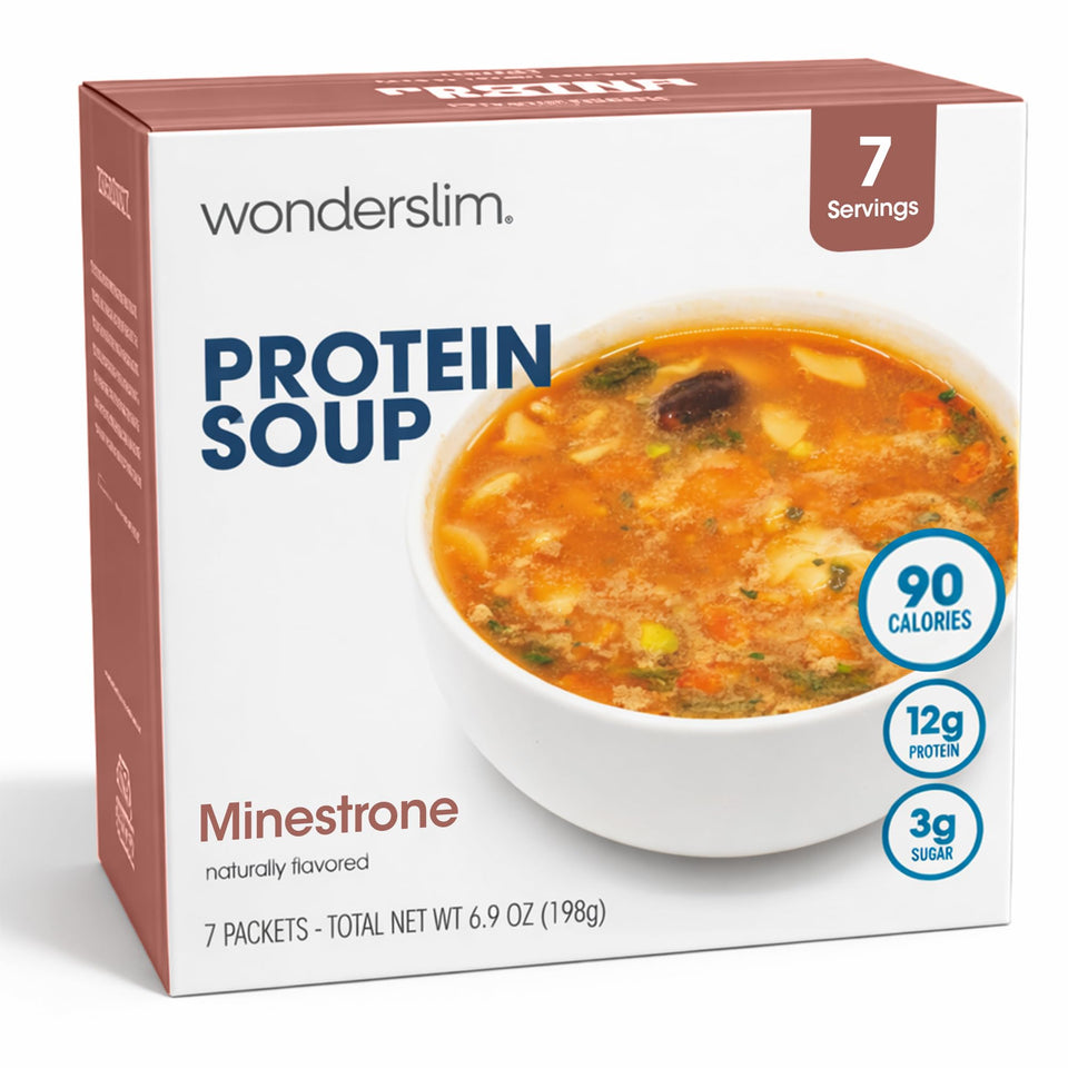 WonderSlim protein soup minestrone cup: quick high-protein meal ready to sip.