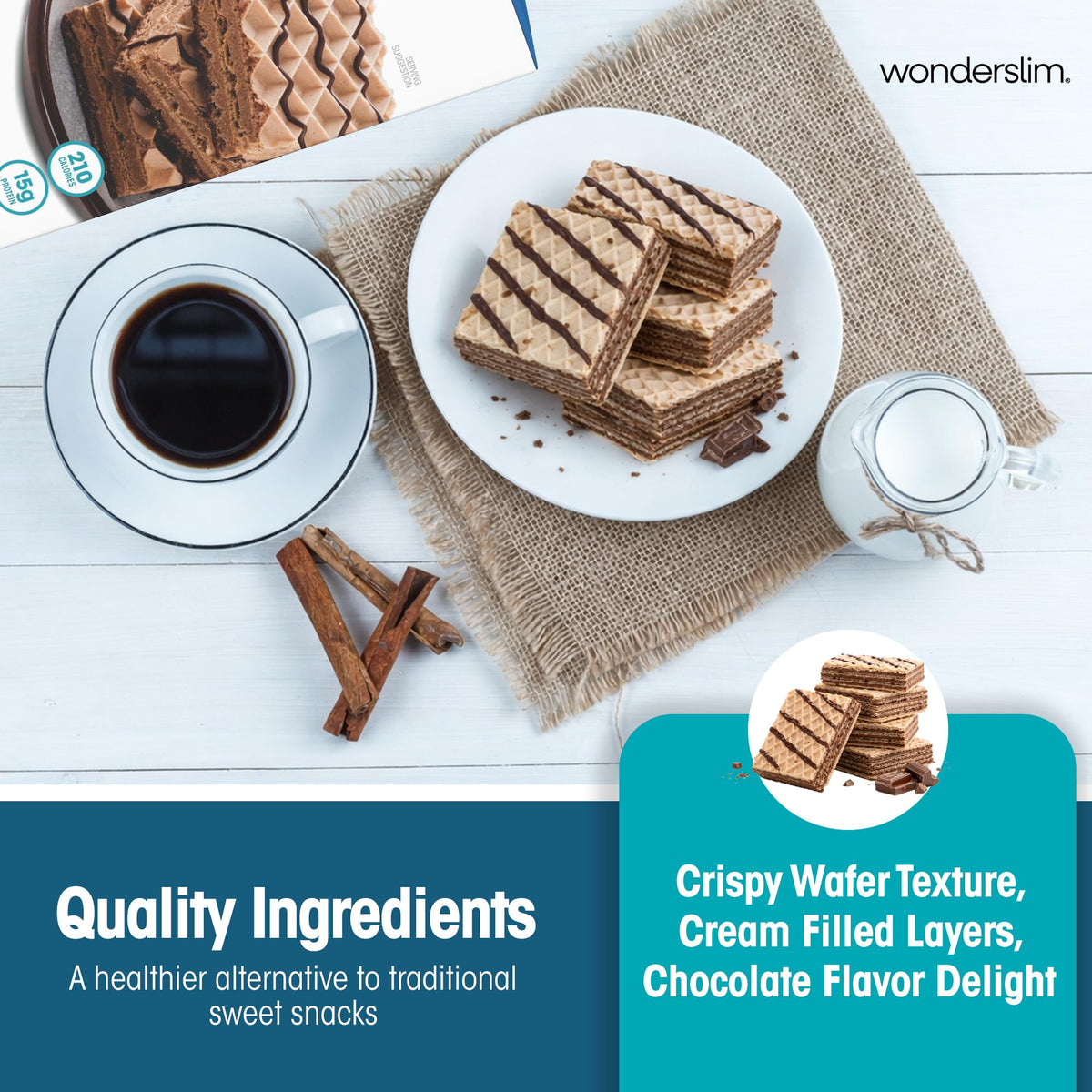 WonderSlim Protein Wafer Bar cross-section shows crunchy wafers with creamy filling.