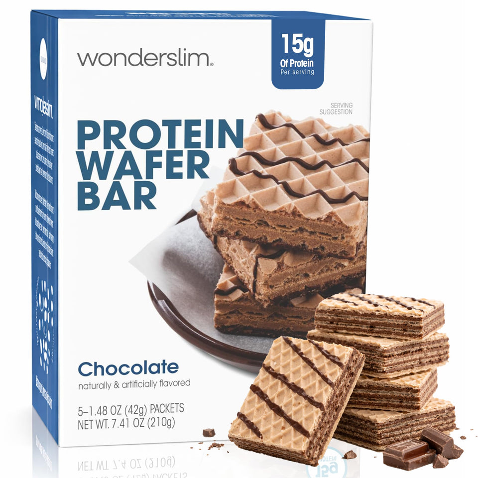 WonderSlim Protein Wafer Bar chocolate front package view for a quick protein boost.