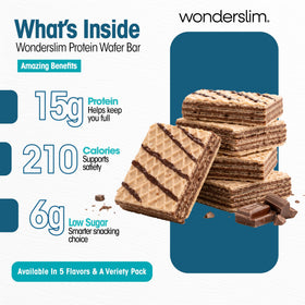 WonderSlim Protein Wafer Bar chocolate packaging close-up highlighting low-sugar formula.