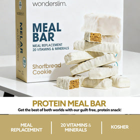 WonderSlim Shortbread Bar nutrition panel highlights 15g protein and 20 vitamins.