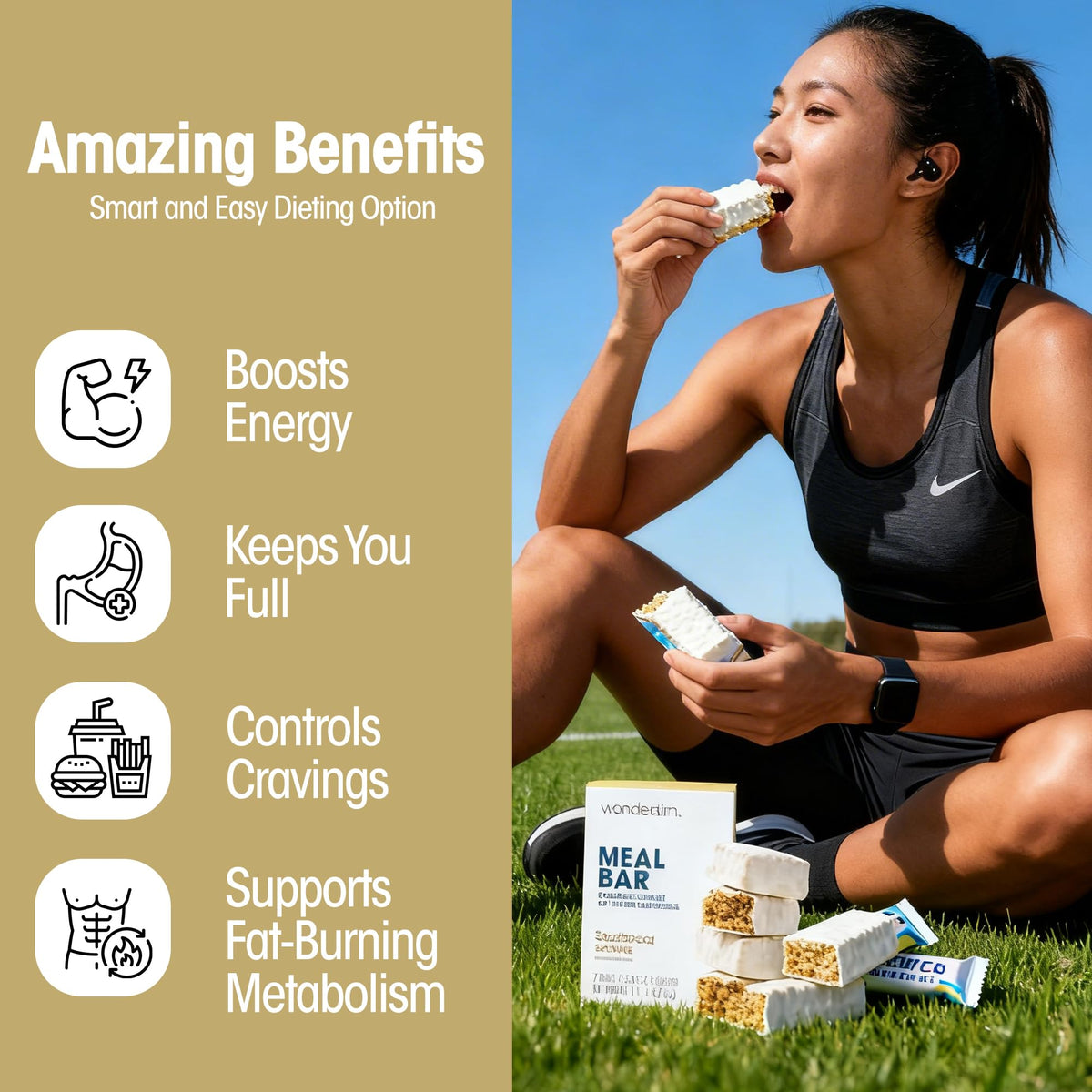 WonderSlim serving suggestion with cup of tea and plate.