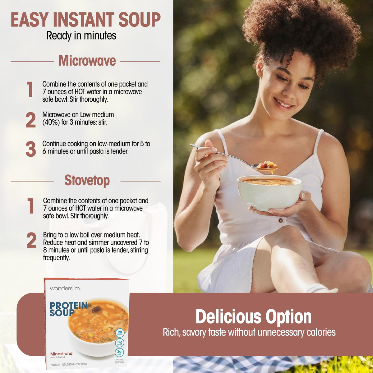 WonderSlim steaming minestrone soup: aroma and warmth in a cup.
