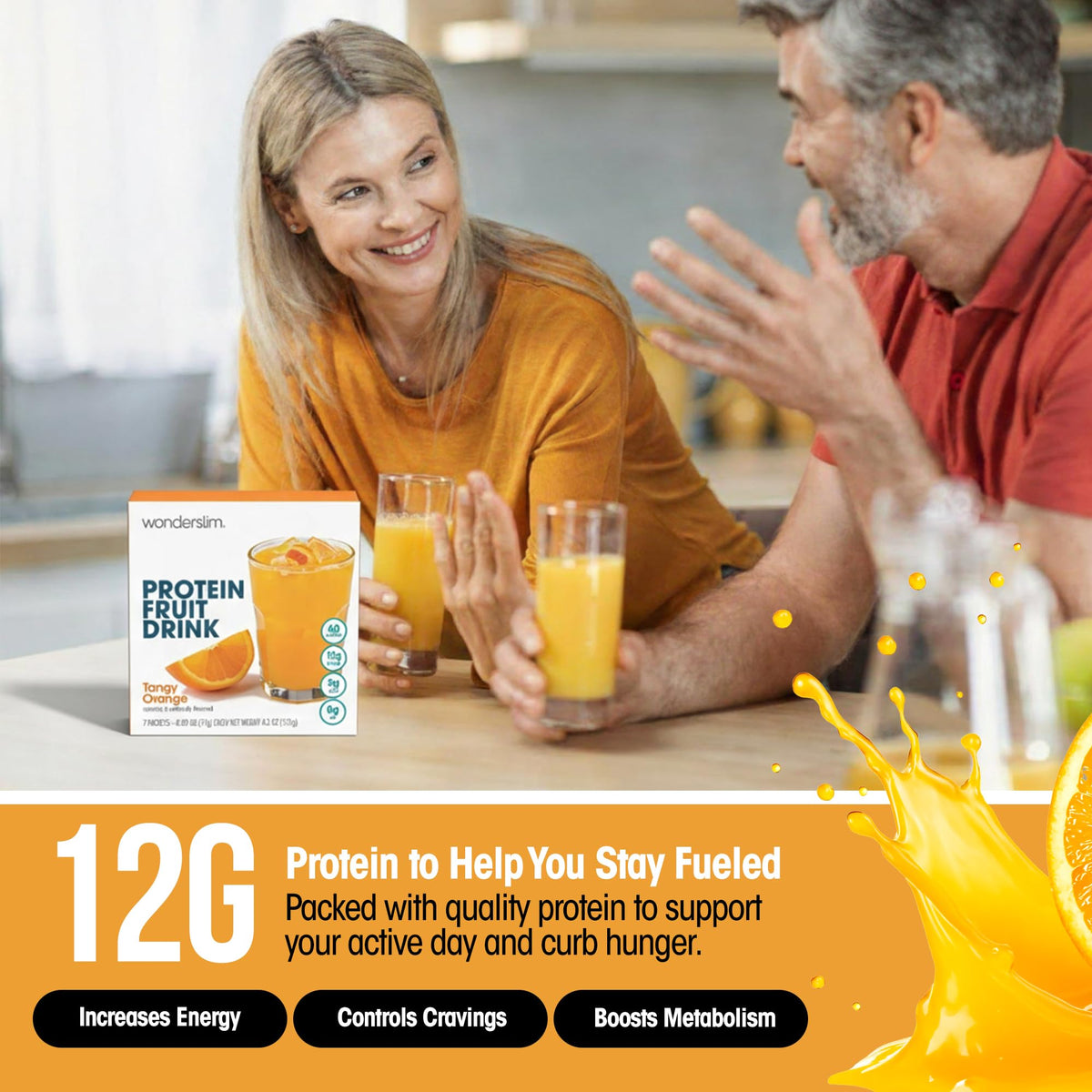 WonderSlim Tangy Orange protein drink mix being stirred in a cup