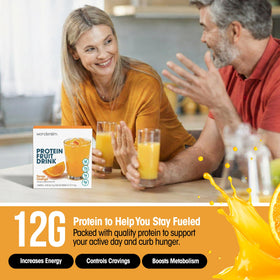 WonderSlim Tangy Orange protein drink mix being stirred in a cup