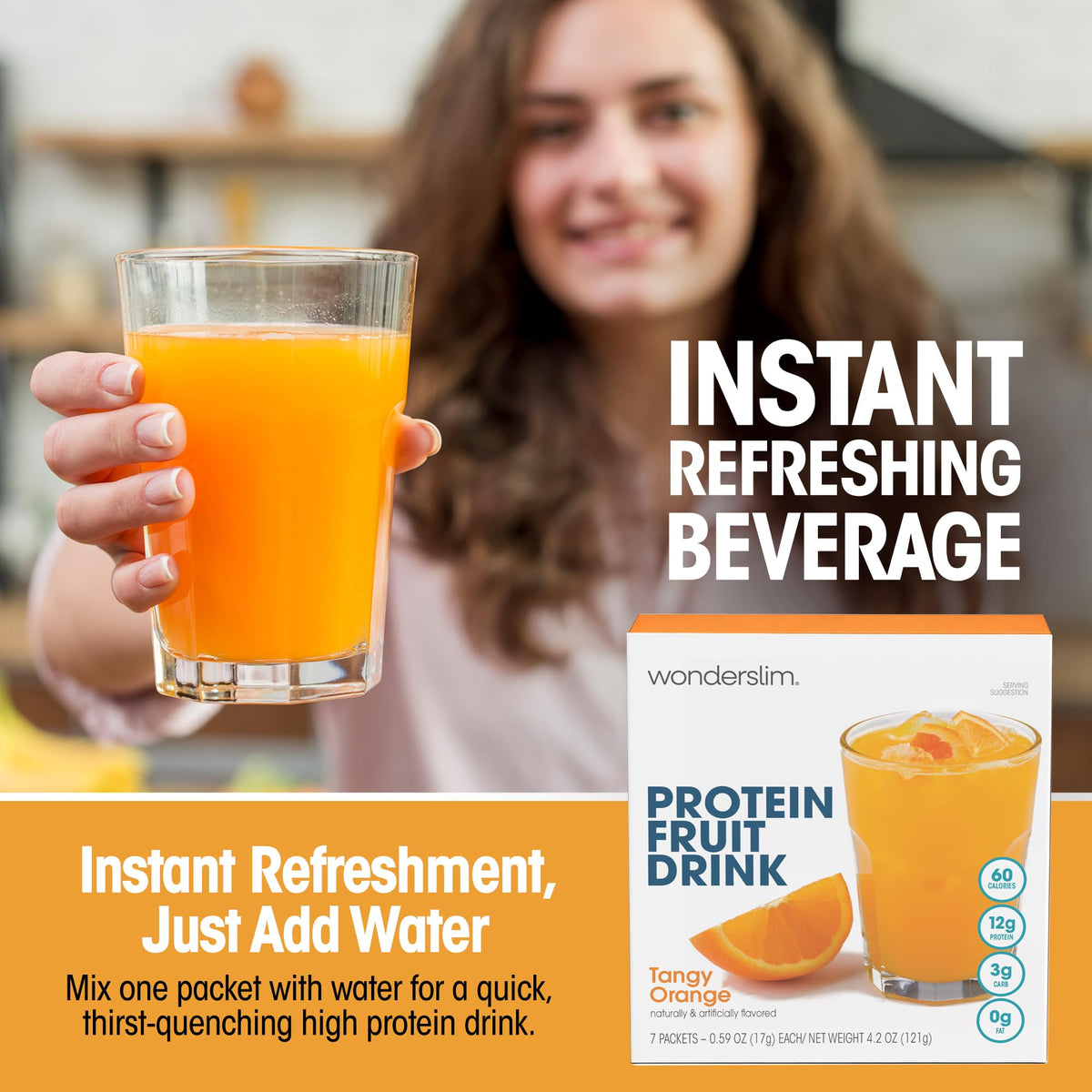 WonderSlim Tangy Orange drink packaging emphasizes gluten free and keto friendly benefits