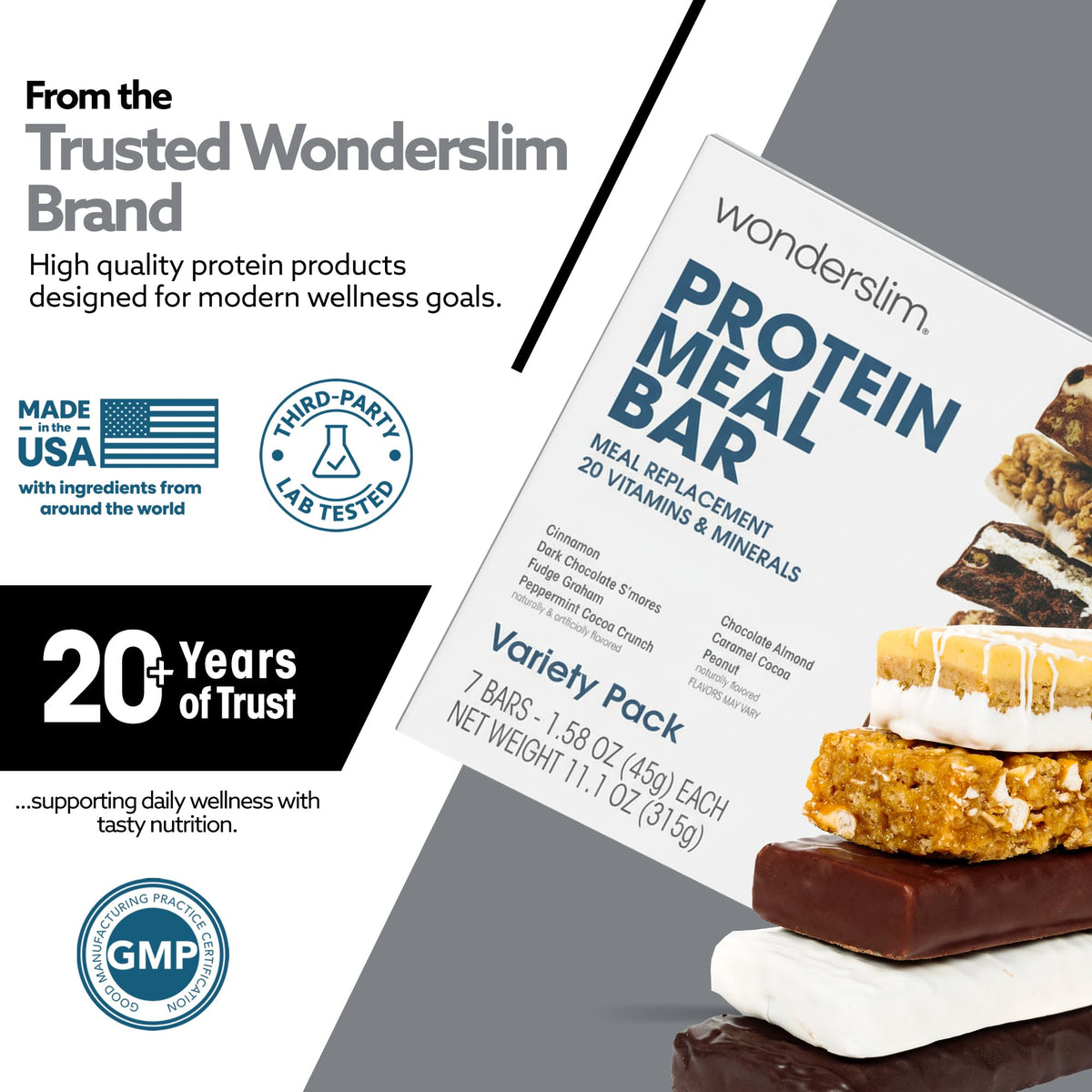 WonderSlim variety-pack highlights 15g protein and 20 vitamins/minerals at a glance.