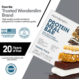 WonderSlim variety-pack highlights 15g protein and 20 vitamins/minerals at a glance.