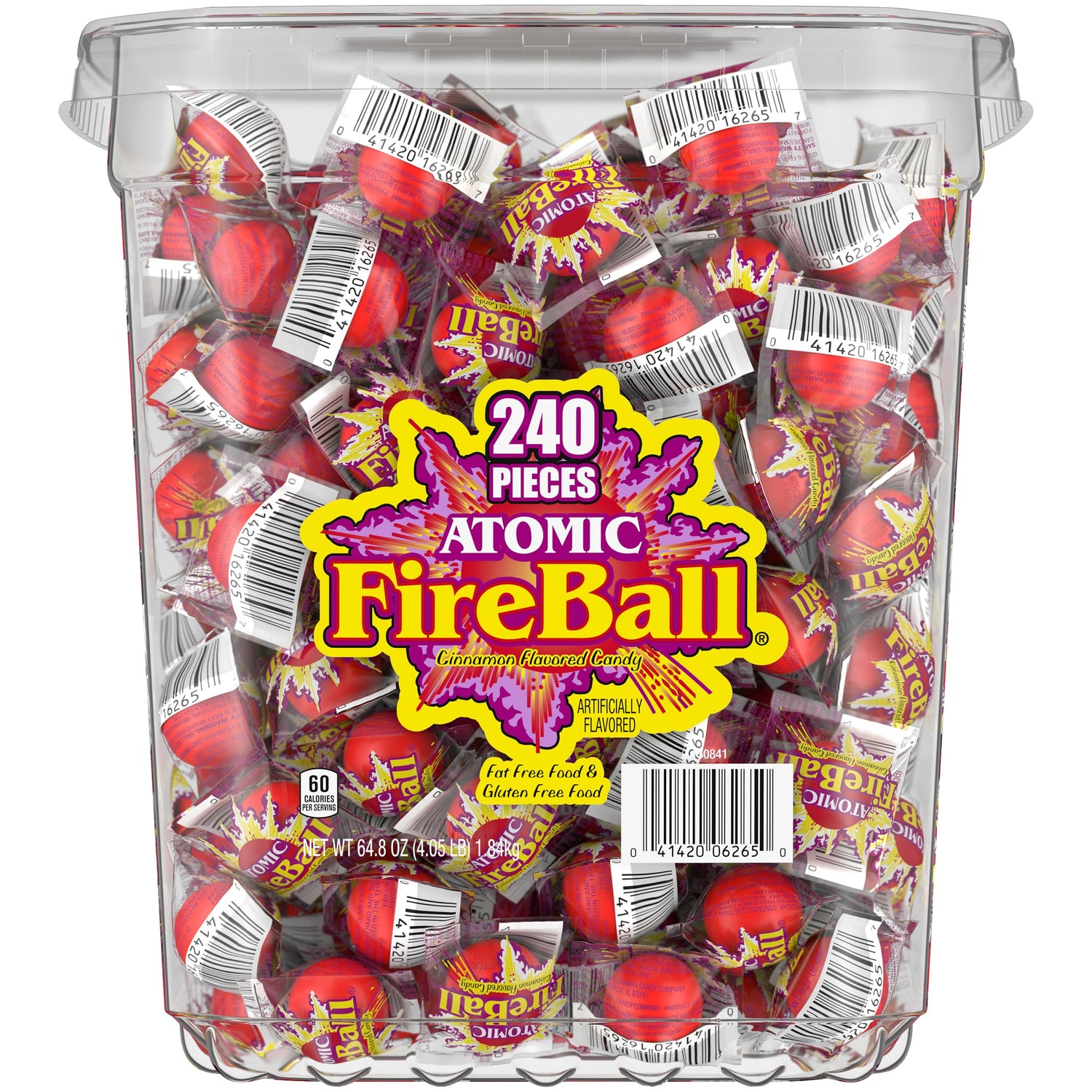 Wonka Atomic Fireball cinnamon hard candy, fiery red sphere for bold snacking